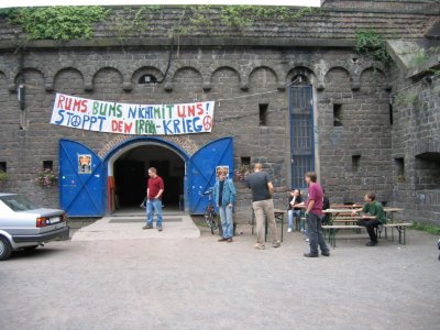 entrance, anti war banner